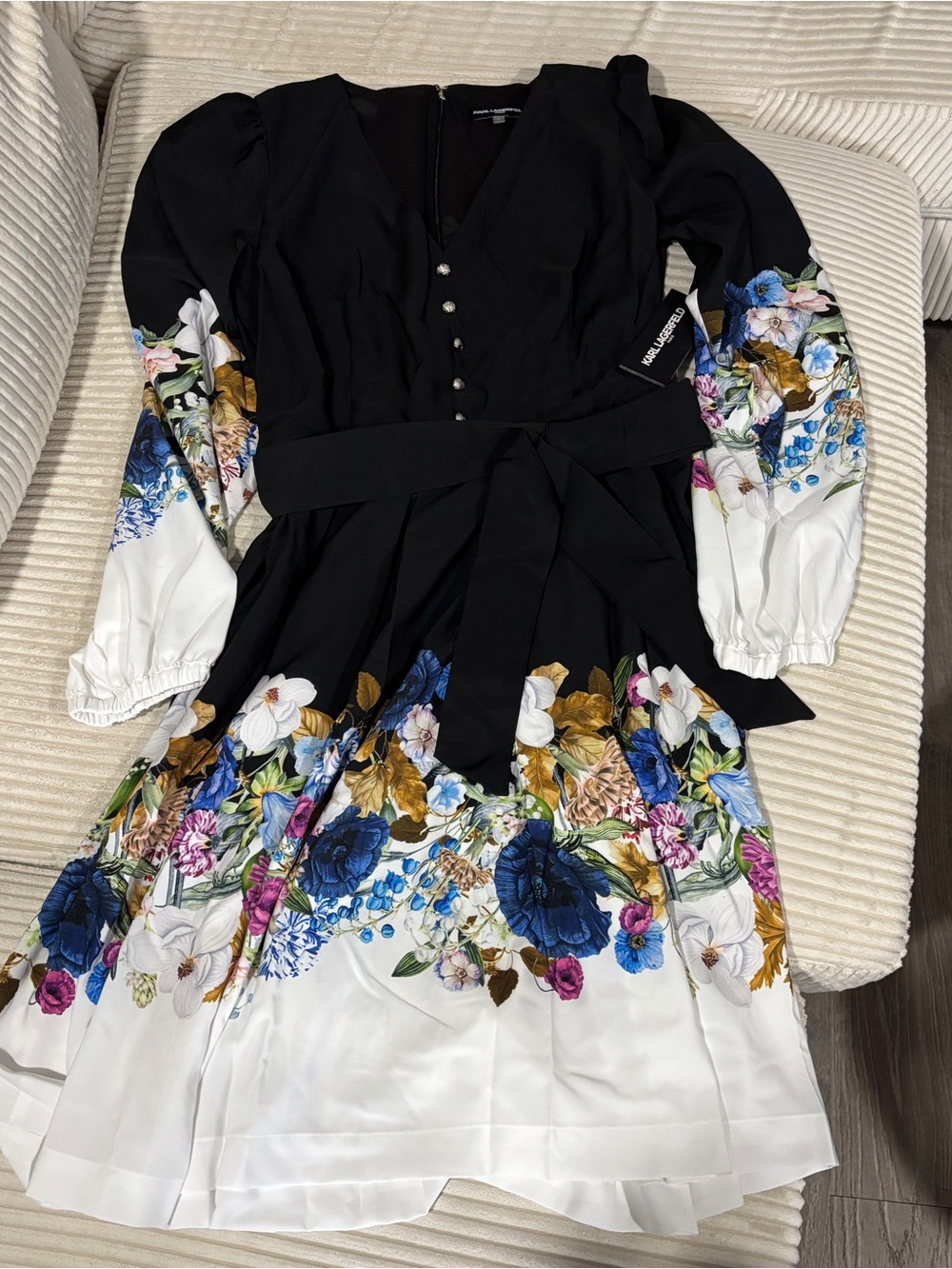 KARL LAGERFELD PARIS Belted Crepe Dress Black White Floral